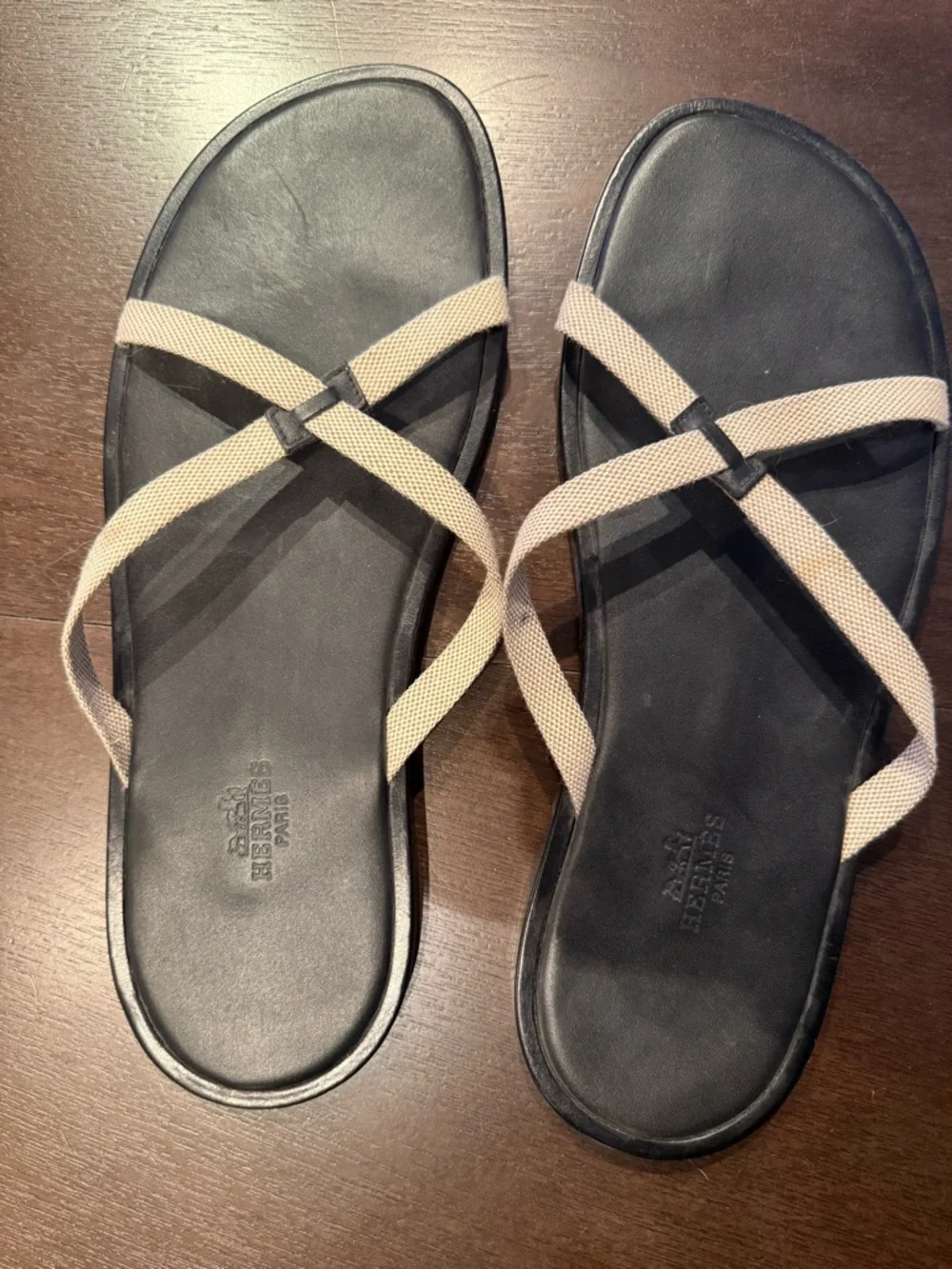 Hermes Black Leather Sandals with Beige Straps